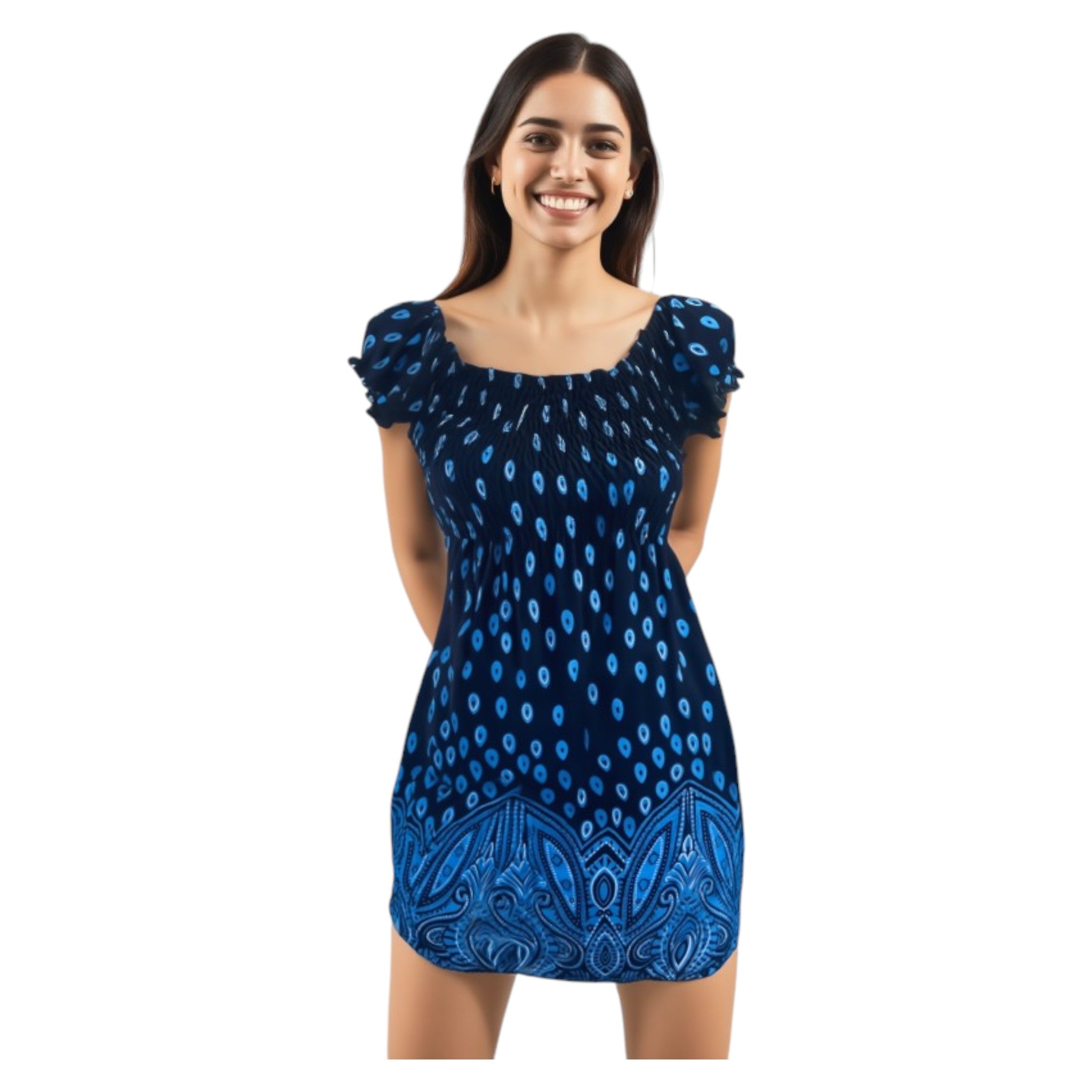 Navy blue summer dress with blue teardrop print and paisley hem β lightweight casual women's beach dress